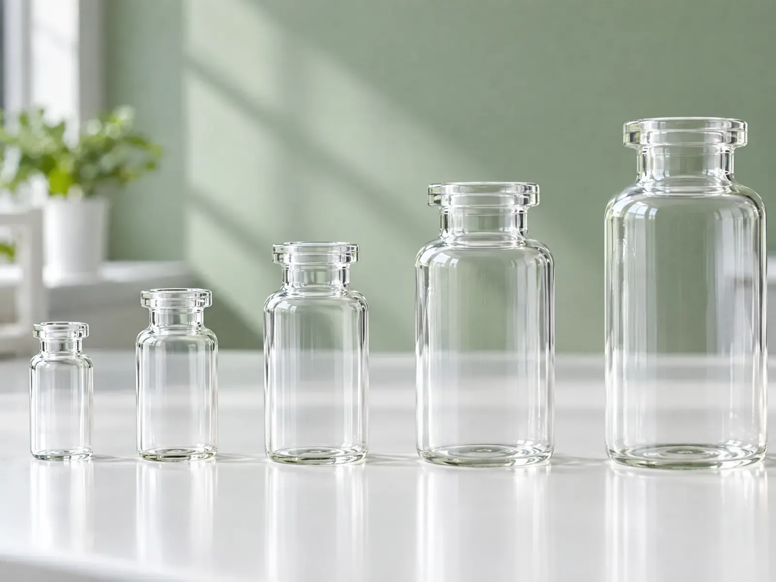 Five small clear glass specimen bottles of increasing size in a row on a white laboratory bench
